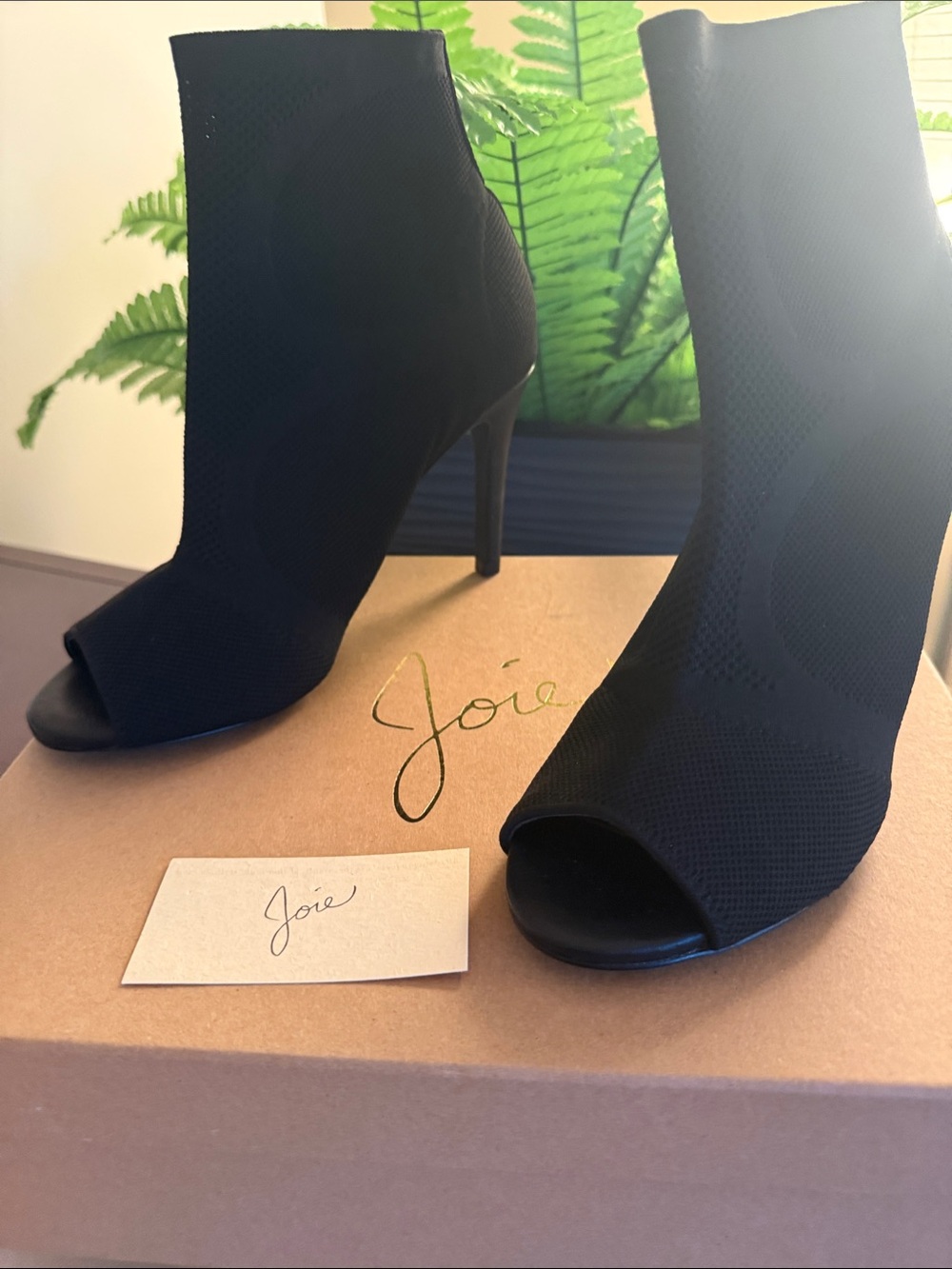 Joie Adriel’ Black Open-Toe Knit Stiletto Ankle Booties